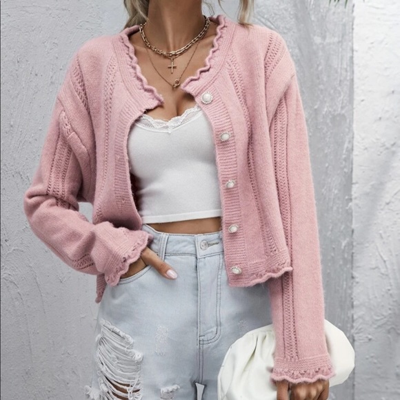 Sweaters - Trendy Granny Cardigan Knit Sweater Pink Pearl
